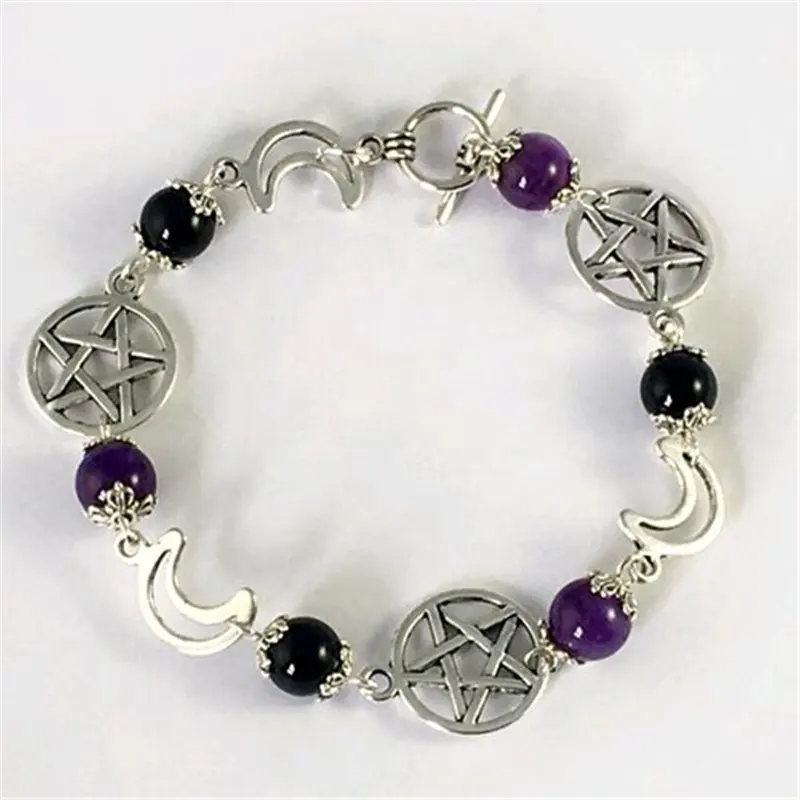 Amethyst & Black Onyx Bracelet with Pentacle and Moon Charms Gothic Pentagram Charm Bracelet Pagan Crystal Bracelet Goth Wiccan