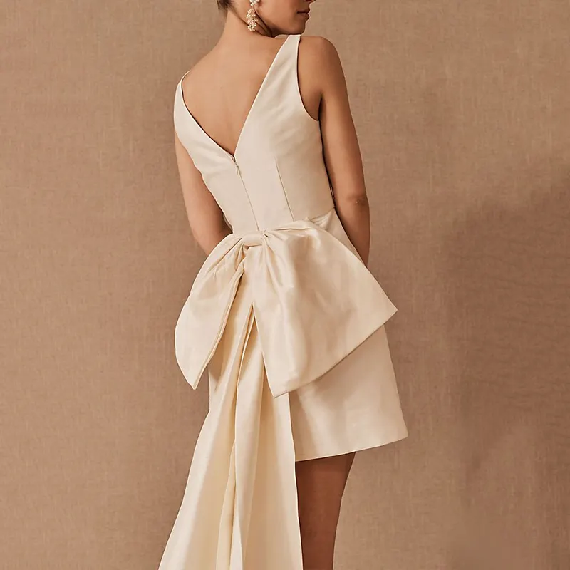 Custom Robe De Soiree Chic Court Plain Sleeveless Vintage Fitted V Neck Party Dresses With Big Bow Dress Women Evening Dresses