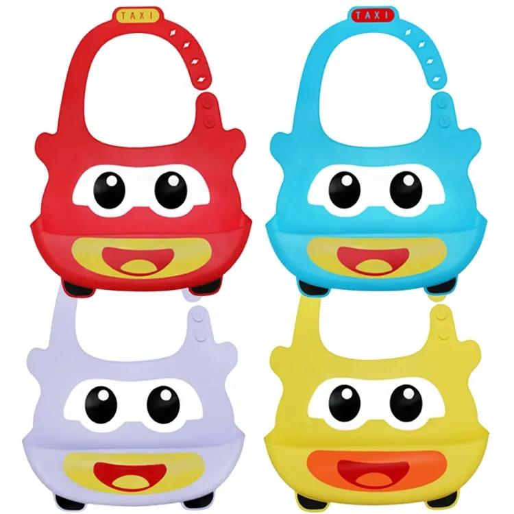 New Arrival Soft Waterproof Cartoon taxi car Printed Silicone Baby Bibs