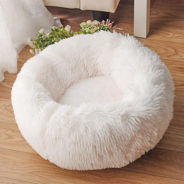 Cozy Faux Fur Calming Cuddler Round Donut Dog Bed for Pets Luxury Plush Dog Bed for Small and Medium Pet Dog Cats