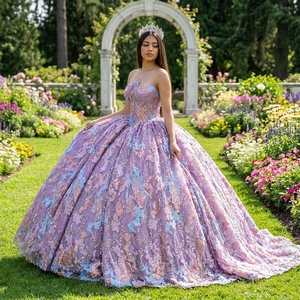 Dy1528 Luxury Mauve Purple Chiffon Natural Waist Quinceanera Dress Sparkly Floral Lace Applique Ball Gown Beaded Anti-static - Product Image 1