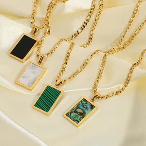 Stainless Steel Rectangle Pendant Abalone Malachite Black Onyx Mother Of Pearl Shells Figaro Chain Necklace