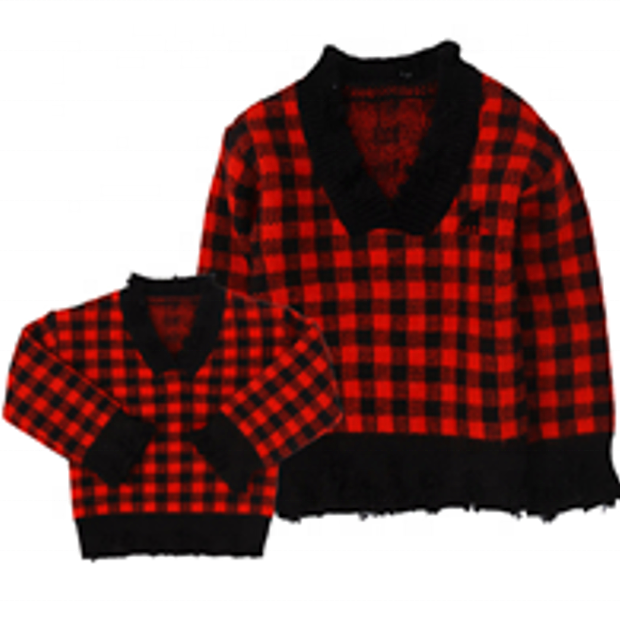 Бесплатная доставка, красный и черный клетчатый свитер с Буйволом для малышей и девочек, пуловер из потертого материала, модный Рождественский свитер для детей