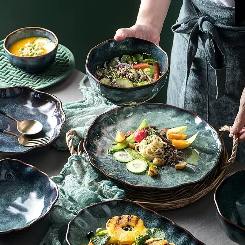 European Dinner Plates green Ceramic Rice Bowl Salad Fish Plate Creative Irregular Dishes Home Kitchen Tableware Set Dinner
