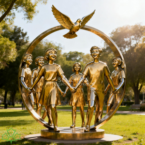Escultura de la Paz de Acero Inoxidable Dorado Senzhao con Niños y Paloma, Instalación de Arte Público para Decoración de Parques y Plazas - Product Image 2