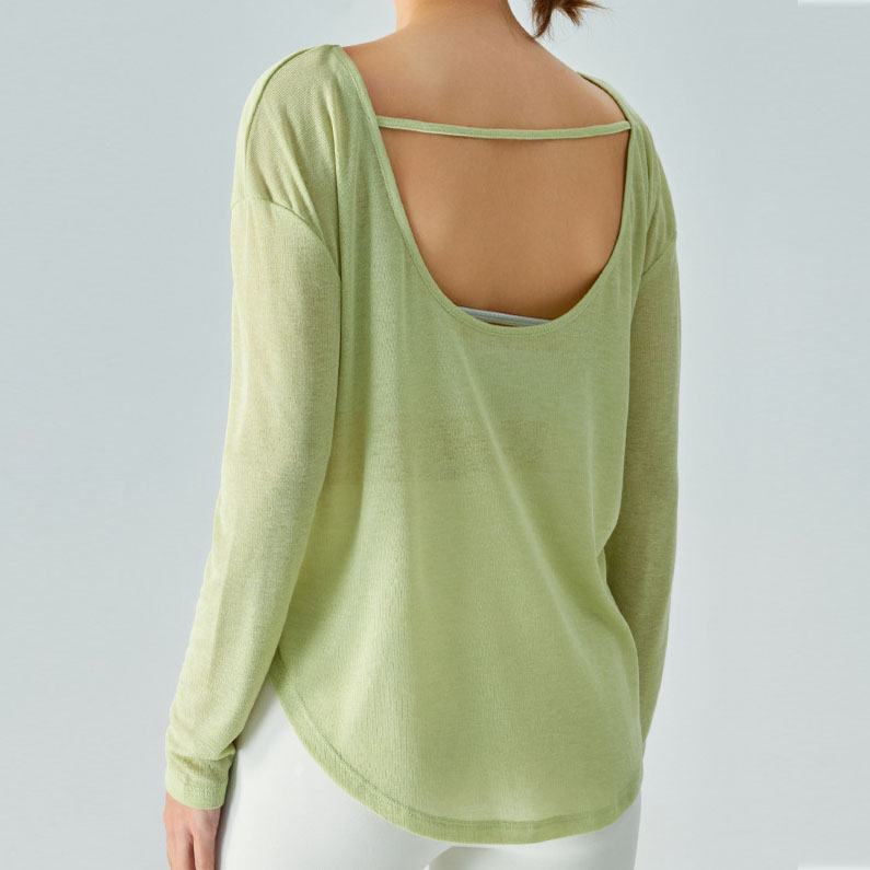 Women's Loose Fit Long Sleeve Yoga Top Quick Dry Breathable Mesh Four-Way Stretch Sweat-Wicking Gym Workout Tops U Backless
