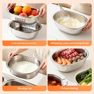Ensemble de passoires ovales en acier inoxydable, épaissies, multi-usages, pour le lavage du riz, le passage des fruits et légumes, pour la cuisine - Product Image 3
