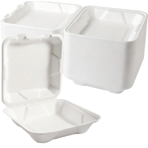 Conteneur alimentaire à charnière en pulpe de bagasse de canne à sucre compostable TOMATO 8x8x3 pouces, 3 compartiments, capacité 1100 ml, sans PFAS - Product Image 1