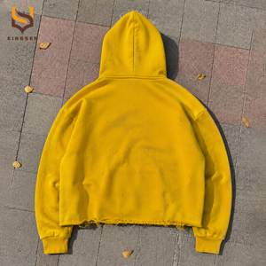 เสื้อฮู้ดดี้ผ้าฝ้ายฟอกสีสไตล์วินเทจสำหรับแบรนด์ต่างๆ แต่งชายเสื้อแบบรุ่ย กระเป๋าติดหมุด ซิปหน้า ทรงโอเวอร์ไซส์ สไตล์ครอป สตรีทแวร์ - Product Image 2