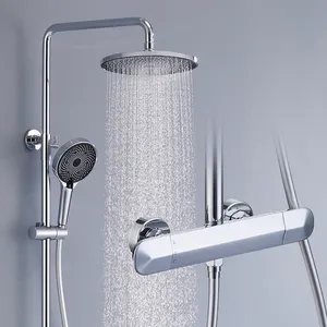 גשם חם וקר כרום תלת-פונקציונלי עיסוי עגול פליז חדר אמבטיה צמוד קיר לחצן לחצן סט מקלחת תרמוסטטי