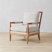 Fauteuil d'appoint de style américain, fauteuil simple, cadre en bois bobbin, rembourrage rayé, dossier haut, fauteuil de détente pour salon