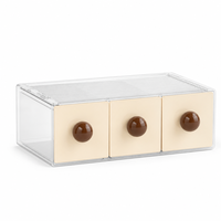 Organisateur de bureau à 3 tiroirs en PET HIPS transparent, boîte de rangement empilable à triple section, dessus côtelé, poignée boule crème, OEM