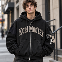Sweat à capuche zippé streetwear pour homme, effet vieilli, avec appliqué brodé vintage, coupe oversize, grandes tailles