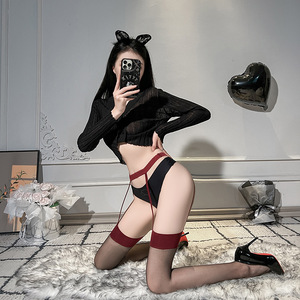 Pur désir une pièce bas de soie Sexy bord rouge noir fronde chaussettes mince discothèque sexe sous-vêtements couture Spice Girls inspiré - Product Image 3