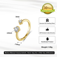 Bague ouverte ajustable LZR49 minimaliste en argent sterling 925 plaqué or avec deux pierres en zircon cubique pour femme