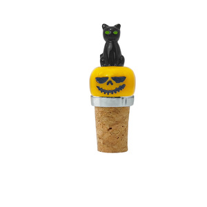 Halloween Pumpkin Cat Wine Stopper Cork Red Wine Bottle Stopper Silver Color Wooden Material - Product Image 1