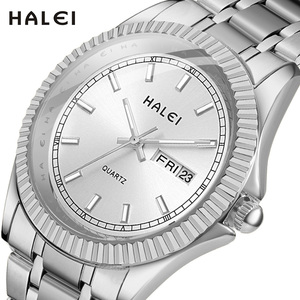 Envío Directo HALEI Reloj de Cuarzo Dorado para Hombre, Esfera Redonda, Correa de Acero Inoxidable, Doble Calendario, Movimiento Japonés, Venta al por Mayor - Product Image 2