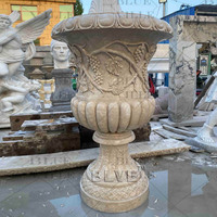 BLVE Villa extérieur jardin décoratif pierre pot de fleurs sculpture à la main marbre Beige naturel grand Pot de jardinière avec Base