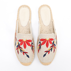 Custom Embroidered Closed Mule Espadrilles Beige Canvas <strong>Green</strong> Leaf Rubber Sole Backless <strong>Slides</strong> Women's All-Match Spring Summer - Product Image 4
