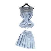 Ensemble veste sans manches et jupe plissée pour femmes, tenue d'été légère, style chic décontracté