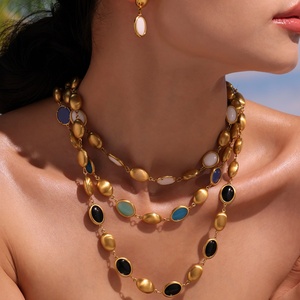 Binshuo Đầy Màu Sắc Màu Xanh Đen Hồng Opal Vòng Cổ Jeweley Thép Không Gỉ Mạ Vàng Hình Bầu Dục Tính Khí Vòng Cổ Vòng Đeo Tay Thiết Lập - Product Image 5