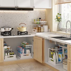 Blanc 2 niveaux glisser <span class=keywords><strong>sous</strong></span> l'<span class=keywords><strong>évier</strong></span> retirer <span class=keywords><strong>évier</strong></span> étagère armoire organisateur étagères de rangement pour cuisine salle de bain armoire - Product Image 5