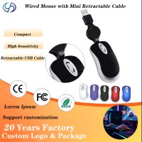 Mini souris filaire optique rétractable USB portable pour ordinateur portable, enfants, multicolore, personnalisable, vente en gros d'usine