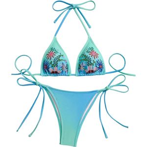FOXA Women's 2 Piece <b>Bikini</b> Set Floral Beaded Triangle Halter <b>String</b> Swimsuit High Cut Bathing Suit - Product Image 1