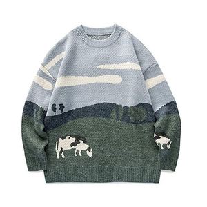 Pull tricoté surdimensionné vintage pour homme, motif vache des prairies, à manches longues et col rond - Product Image 1