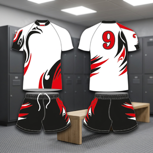 Men's Custom Rugby Uniform Set Player Name Front Orange <b>Black</b> <b>White</b> <b>Striped</b> Sublimated Printed 100% Polyester Breathable Elastic - Product Image 1