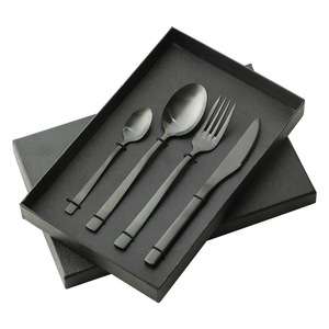 Shiny-Jh Stainless Steel Cutlery Set 4 Piece Gold Black Knife Fork Spoon Brushed <b>Sandblasted</b> Dinnerware - Product Image 5