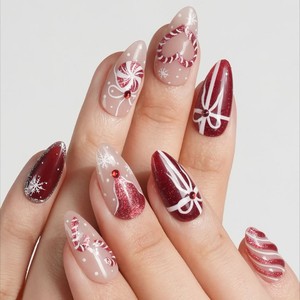 <span class=keywords><strong>Uñas</strong></span> Postizas <span class=keywords><strong>de</strong></span> Diseño Personalizado Navideño, Forma Almendrada Mediana, Precio al por Mayor, <span class=keywords><strong>Uñas</strong></span> Artificiales Hechas a Mano, Elegantes y Modernas - Product Image 1