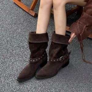 Nuovi Stivali Western Marroni Impilabili Invernali, Vendita all'Ingrosso, Stivaletti da <span class=keywords><strong>Donna</strong></span> con Punta Affusolata e Tacco Grosso - Product Image 1