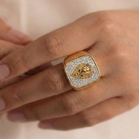 Cincin Wanita Desain Sederhana Mewah Eropa Amerika, Kepala Singa Persegi Bertabur Berlian Penuh, Baja Anti Karat Lapis Emas 18K