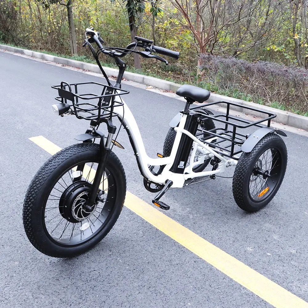 Электрический грузовой велосипед 20 дюймов 500 Вт, велосипед с толстыми шинами, Электрический трехколесный велосипед с корзиной