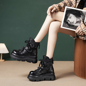 <span class=keywords><strong>Botas</strong></span> Chelsea para Mujer, Otoño Invierno, Nuevas, Retro, Punta Redonda, Media Pantorrilla, Cortas, con Cordones, Aumentan la Estatura, Cuero Genuino, Forro de Algodón, Suela de Goma - Product Image 2