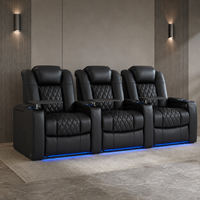 Fauteuils de cinéma maison modernes en cuir pleine fleur avec structure en bois, inclinables électriques zéro gravité, appuie-tête réglable, chargement USB et rangement