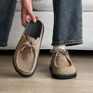 Hot-selling vintage-style lace-up suede wooden <b>clogs</b>, Mules, new trendy thick-soled Billiken <b>slippers</b>, for both men and women. - Product Image 5