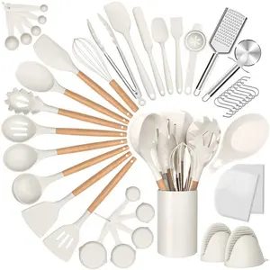 Utensilios de cocina de lujo, utensilios de cocina, mango de madera, utensilios de silicona, utensilios de cocina, utensilios de cocina de silicona