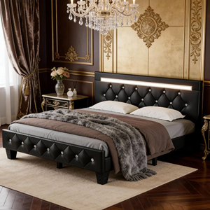 Modern <b>Queen</b> <b>Size</b> Storage <b>Bed</b> Frame with LED Light and Charging Station Faux Leather Upholstered Platform <b>Bed</b> - Product Image 2