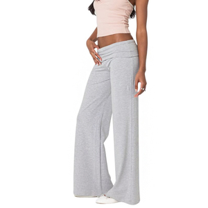 Pantalons de sport gris sur mesure en gros, tenues de fitness, pantalons à jambes larges pour femmes, pantalons à revers - Product Image 3
