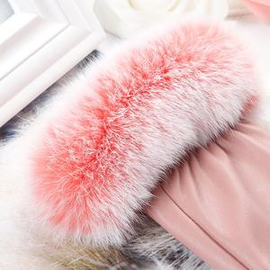 Guantes de cuero PU con puños de piel de conejo rosa y negro cálido con pantalla táctil para mujer - Product Image 5