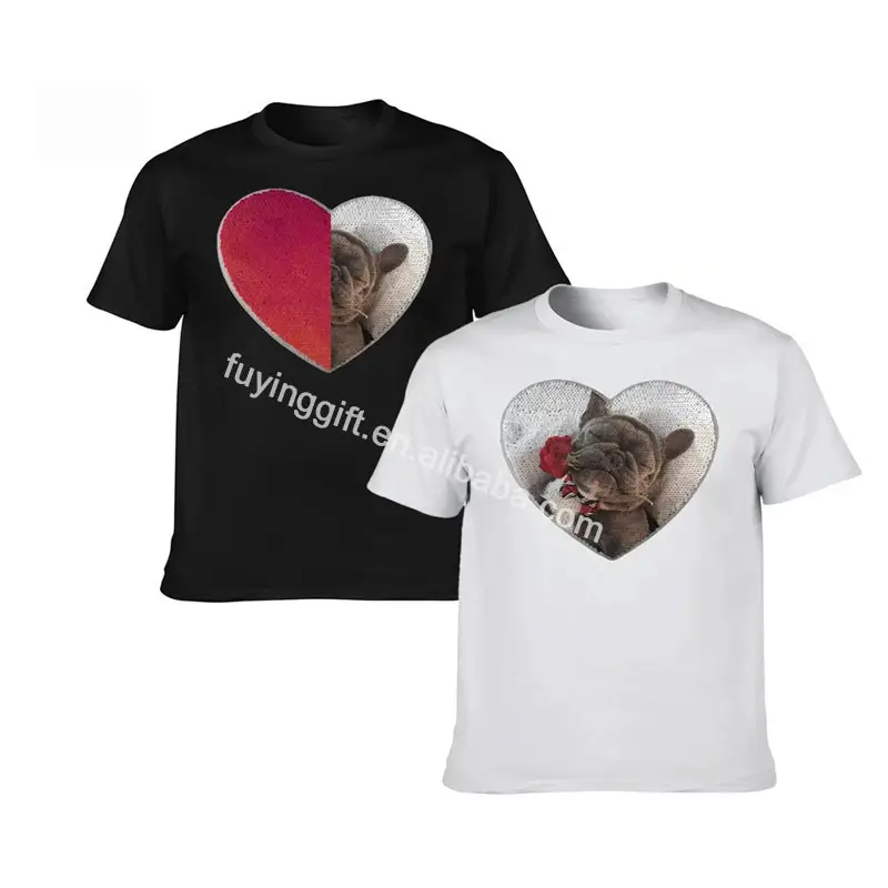Cadeau de Saint Valentin personnalisé Couple T Shirt personnalisé Photo Printing Faux Sequin Heart Boys Girls Unisex Valentines Shirt