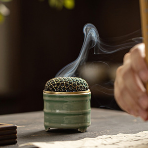 Brûleur d'encens en céramique, petit brûleur d'encens en jade et bambou, fait à la main, pour usage religieux, diffuseur d'arômes de bois de santal pour la maison - Product Image 2
