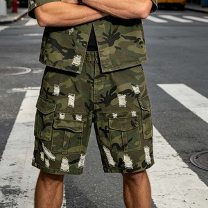 Shorts cargo camouflage pour homme, taille mi-haute, style décontracté, 100% coton toile, multi-poches - Product Image 1
