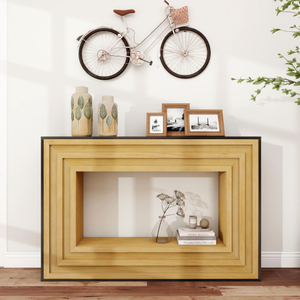 Modern Contrast Console <b>Table</b> with Layered Wood Frame and Black Top <b>Adjustable</b> Height for Living Room Apartment Use - Product Image 1