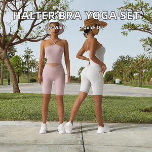 Nouvel ensemble de yoga pour femme avec soutien-gorge dos nu, haut de sport push-up à taille croisée et poches ouvertes, tenue de sport unie pour la course - Product Image 2