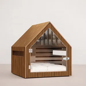Custom Modern Dog And Cat House With Acrylic Door Stained Wood Dog Kennel Crate Furniture Indoor Dog Cat House