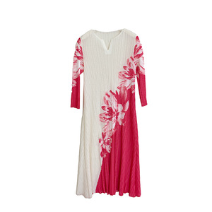 Vestido Midi Plisado Miyake Estilo Nacional para Mujer, con Estampado Floral, Manga Larga, Corte Holgado, Ecológico, Transpirable, Ropa Casual de Verano - Product Image 5
