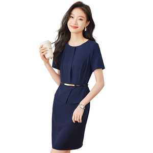 Women's Suit Dress Apricot Solid Color O-Neck Peplum Waist Cinching Professional Career Dress Short Sleeve - Product Image 5